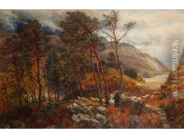 Figures And Sheep In A Woodland With Hills Beyond Oil Painting - Charles Thomas Burt