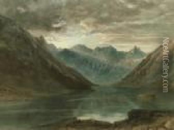 View Of A Mountain Loch Oil Painting - John MacWhirter