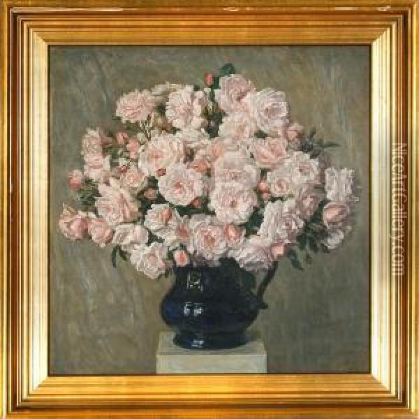 Pink Roses In A Blue Jar Oil Painting - Axel Hou