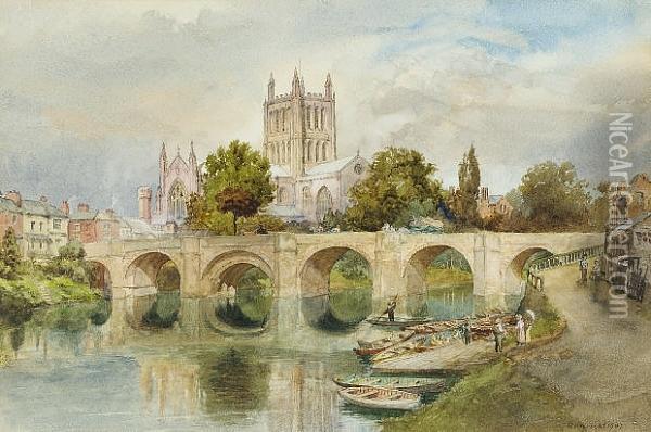 Hereford Cathedral From The River Wye Oil Painting - Richard Henry Wright