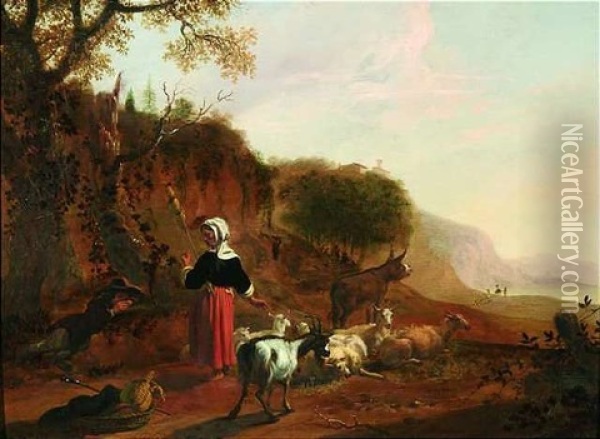 Italienische Landschaft Mit Rastendem Hirtenpaar, Schafen, Ziegen Und Esel Oil Painting - Hendrick Mommers