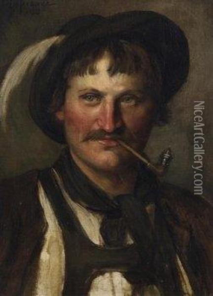 Farmer With Pipe. Signed Above Left: Defregger Oil Painting - Franz Von Defregger