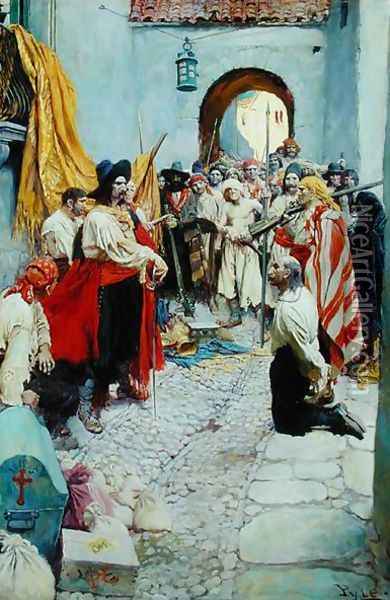 Extorting tribute from the citizens, or The sack of Carthagena, from The Fate of a Treasure Town by Howard Pyle, published in Harpers Monthly Magazine, December 1905 Oil Painting - Howard Pyle