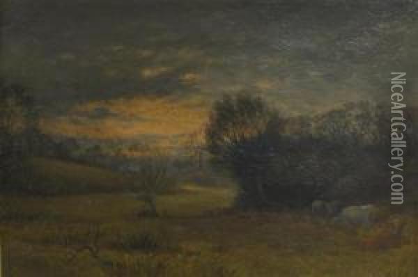 Cattle Grazing In A Landscape At Sunset Oil Painting - George Thomas Rope