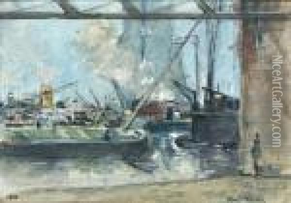 Rotterdamse Haven Met Graanelevator Oil Painting - Johann Hendrik Van Mastenbroek