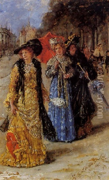 Fashionable Ladies On The Promenade Oil Painting - Stephen Catterson Smith the Younger