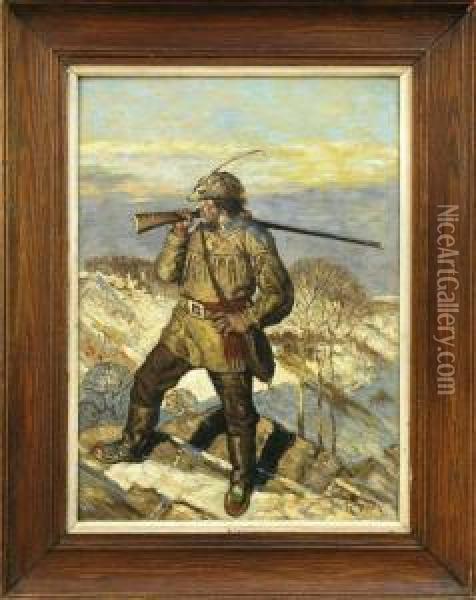 Scout With Rifle In Winter Mountain Landscape Oil Painting - Grace Carpenter Hudson