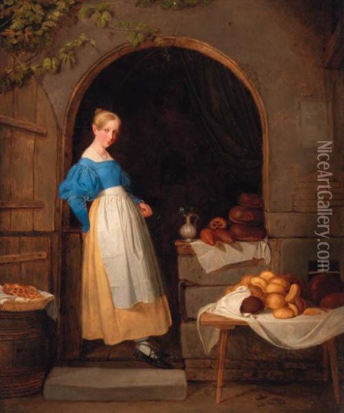 A Young Woman Selling Bread Oil Painting - Johann Fr. Karl Kreul