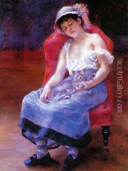 Sleeping Girl (Girl with a Cat) Oil Painting - Pierre Auguste Renoir