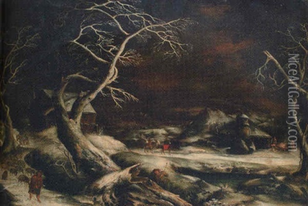 A Winter Landscape With The Flight Into Egypt Oil Painting - Martin van Valkenborch the Younger