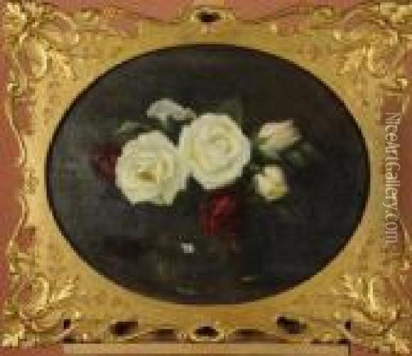 Still Life Of Red And White Roses, Held Ina Spherical Glass Vase Oil Painting - James Stuart Park
