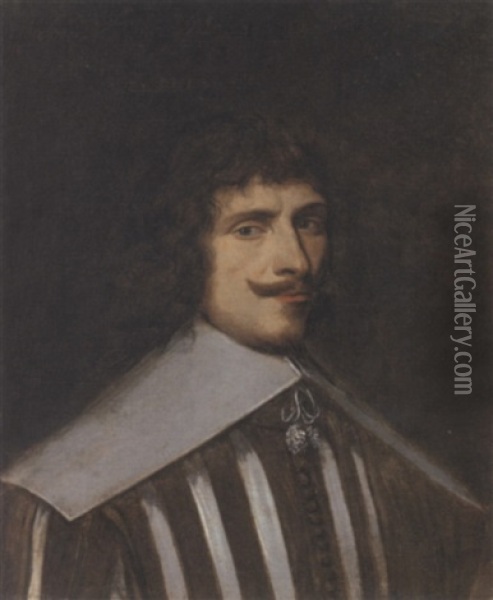 Portrait Of A Gentleman In A Brown And White Striped Doublet And White Collar Oil Painting - Cornelis Jonson Van Ceulen
