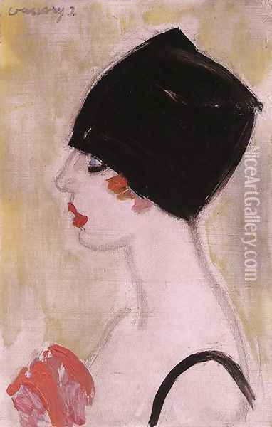 Woman in Profile with Black Turban Oil Painting - Janos Vaszary