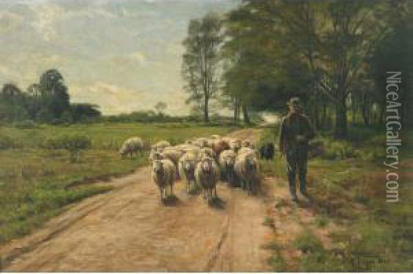 Farmer Leading His Flock On A Sunlit Lane Oil Painting - Alfred Bryan Wall