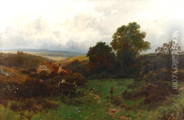 Country Landscape, With Figures Picking Brambles And Feeding Chickens Oil Painting - Leopold Rivers