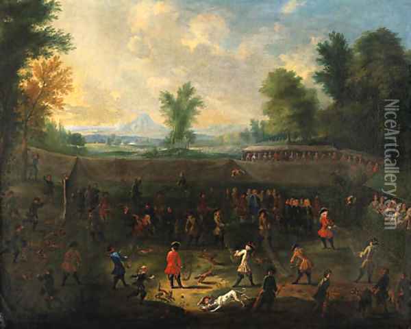 A fox-tossing match with elegant company spectating Oil Painting - South German School