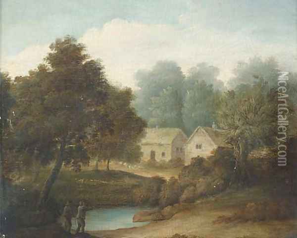 Figures by a pond with cottages beyond Oil Painting - John Rathbone