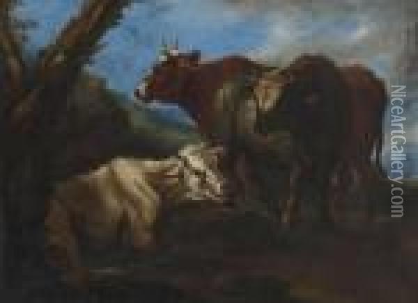 Ruhende Schafe - Rinder In Sudlicher Landschaft. Oil Painting - Philipp Peter Roos