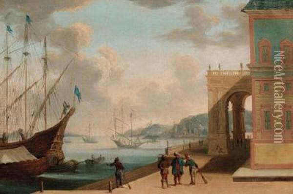 A Capriccio Of A Mediterranean Harbour With Oriental Merchantsconversing On A Quay Oil Painting - Johannes Lingelbach