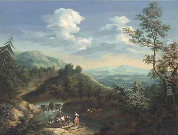 An extensive mountainous landscape with a drover, his cattle, a shepherd and his flock and a shepherdess on a river bank Oil Painting - Jan Philip Spalthof