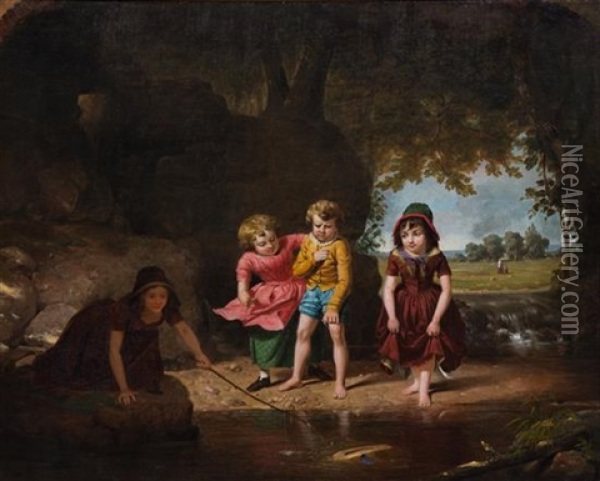 A Hat In The Pond, 1850 Oil Painting - Junius Brutus Stearns