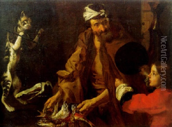 A Fishmonger, A Boy And A Cat Weighing A Piece Of Ham On Scales Oil Painting - Bernhard Keil