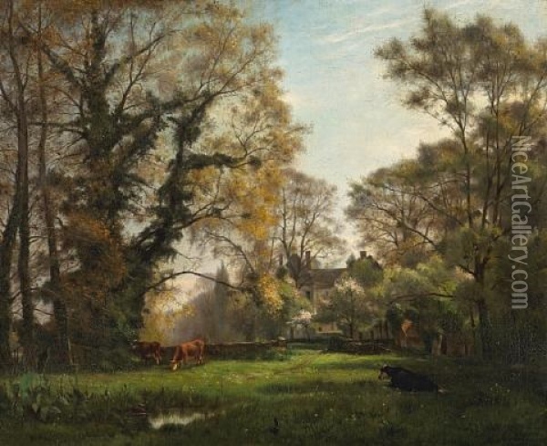 A View Of A Chateau With Cattle Grazing In The Foreground Oil Painting - Leon Auguste Michelez