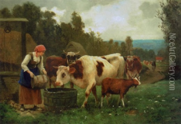 Maiden Watering The Herd Oil Painting - Julien Dupre