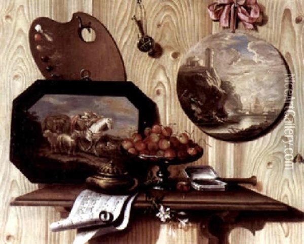 Trompe-l'oeil: Eine Schale Mit Kirschen, Dose, Notenblatt Und Ein Bild Auf Einem Tisch Vor Einer Wand Oil Painting - Antonio (lo Scarpetta) Mara