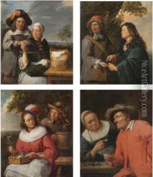 A Man Propositioning A 
Seamstress; A Woman Offering A Peasant A Shell; A Man And Woman With 
Flowers; Two Men Arranging A Deal Oil Painting - Gillis van Tilborgh