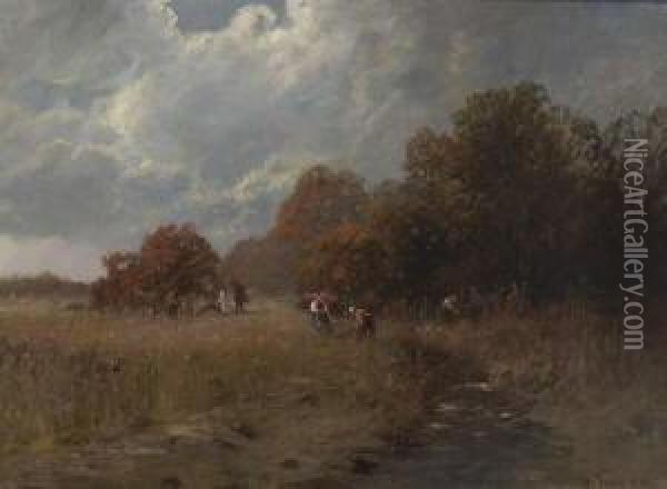 Reisigsammler In Herbstlicher
 Baumlandschaft. Oil Painting - Otto Fedder