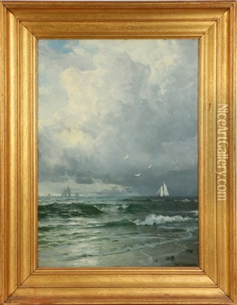 Stormy Sky With Coastal Schooners Passing Beach Oil Painting - William Trost Richards