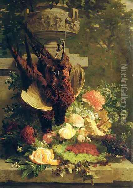 Hanging pheasants with summer flowers on a stone ledge in a garden Oil Painting - Jean-Baptiste Robie