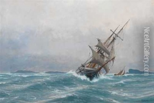 Seilskute Og Losbat Oil Painting - Haakon Jensen Kaulum