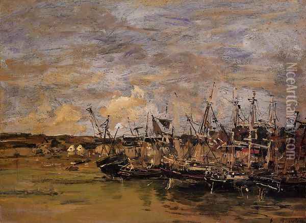 Portrieux, Fishing Boats at Low Tide Oil Painting - Eugene Boudin