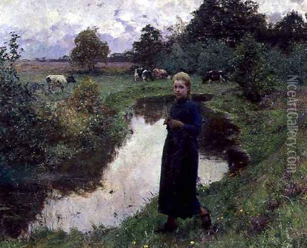 Young Girl in the Fields Oil Painting - Evariste Carpentier