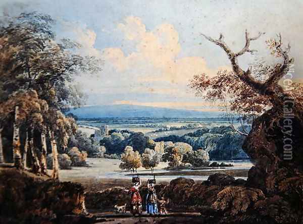 View of Arundel Castle with Countrywomen in the Foreground Oil Painting - Thomas Girtin