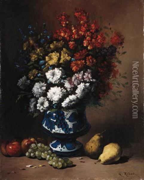 Floral Still Life With Fruit On A Ledge Oil Painting - Germain Theodure Clement Ribot