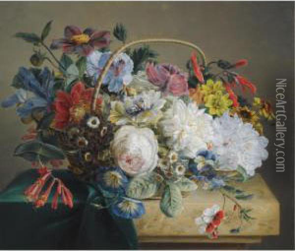 Flowers In A Basket On A Ledge Oil Painting - Anton Weiss