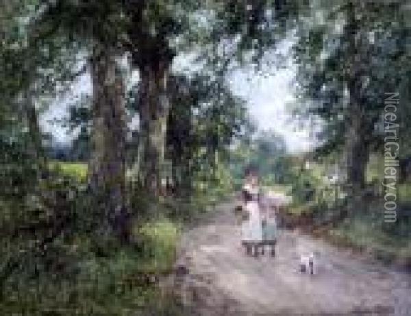 Mother, Child And Terrier On A Lane Oil Painting - Henry John Yeend King