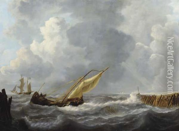 Sailing Vessels By A Harbour Entrance Oil Painting - Pieter Arnout Dijxhoorn