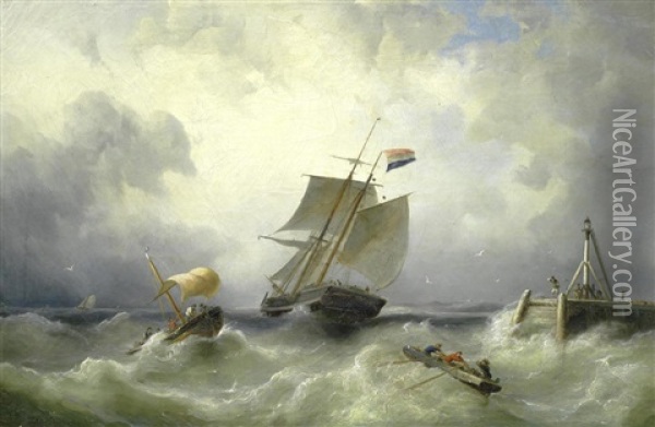Ships In A Stormy Sea Oil Painting - Nicolaas Riegen