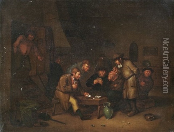 Wirtshausinterieur Mit Kartenspielenden Bauern Oil Painting - Egbert van Heemskerck the Younger
