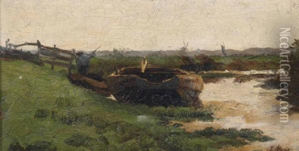 Rowing Boat In A Polder Landscape Oil Painting - Jacob Henricus Maris