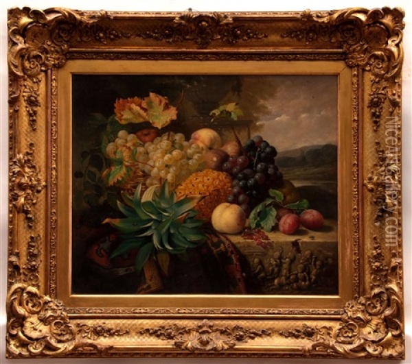 Still Life Study Of Mixed Fruit On A Marble Ledge Oil Painting - Eloise Harriet Stannard