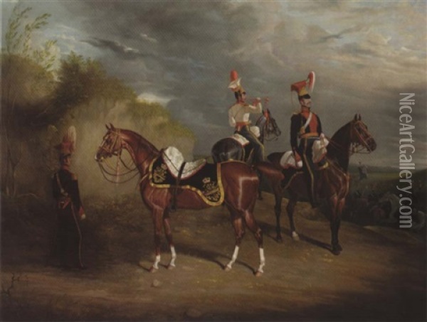 Portrait Of Captain Percy Burrell Of The 9th Light Dragoons Lancer, With His Chargers Peninsula And Others Oil Painting - David (of York) Dalby