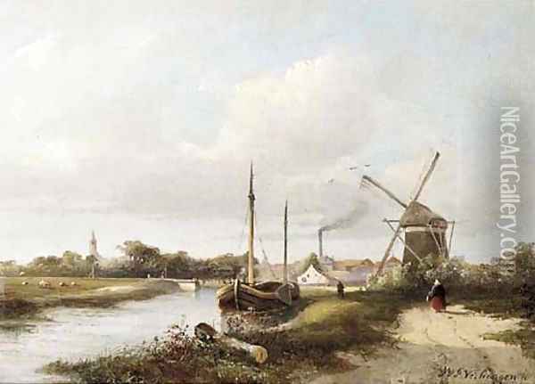 A view of a town by a river Oil Painting - Hendrik Frederik Verheggen