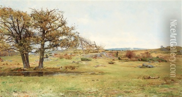 Jagare I Oppet Landskap Oil Painting - Frederik Julius August Winther