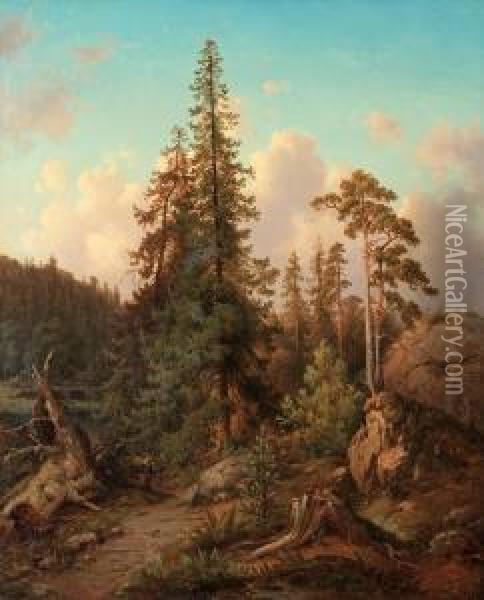 Forest Landscape With Woman Collecting Wood Oil Painting - Joseph Magnus Stack