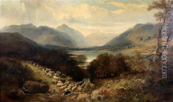 Scottish Landscape With A Flock Of Sheep Near A Lake Oil Painting - Joseph Denovan Adam